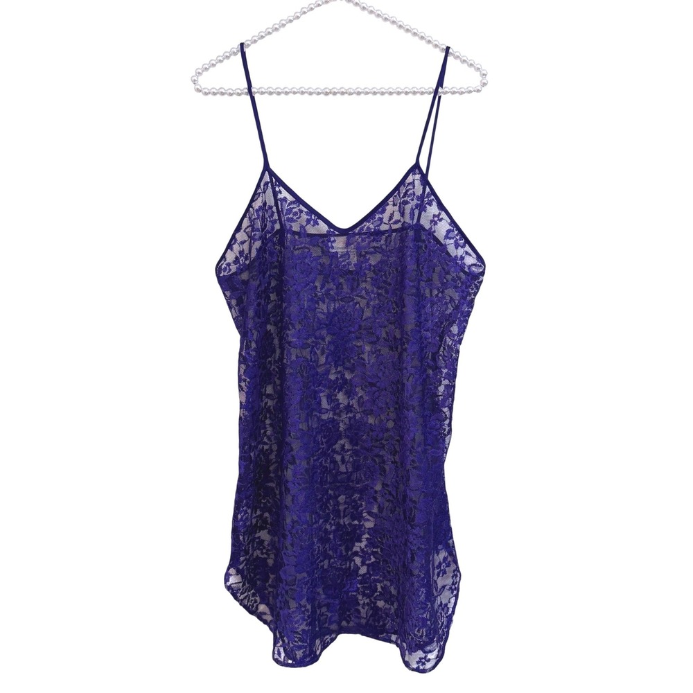 Alexandra Nicole Vintage Purple Floral Lace Chemise Slip Gown Sheer Coquette M